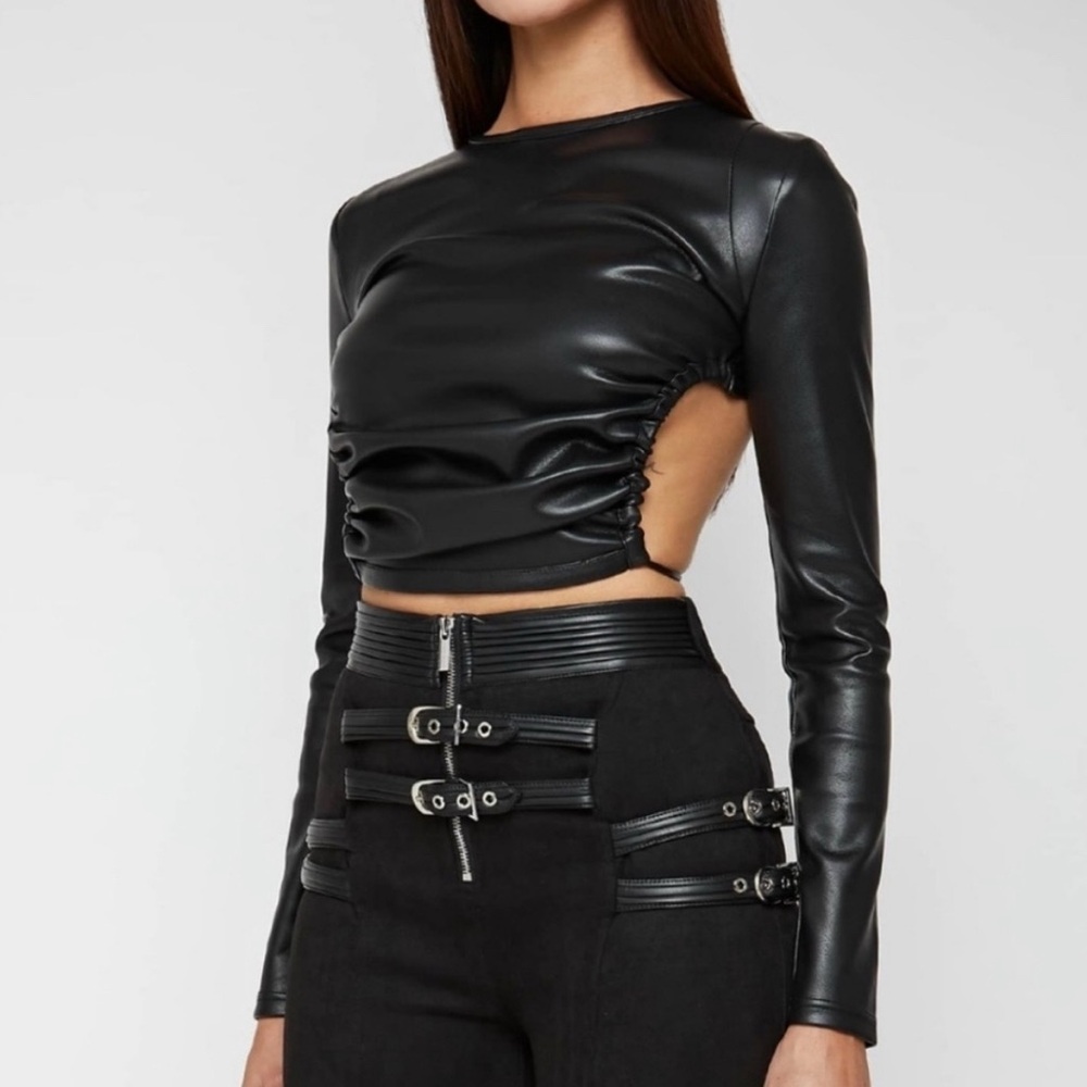 Maniere De Voir Black Faux Leather Crop Top